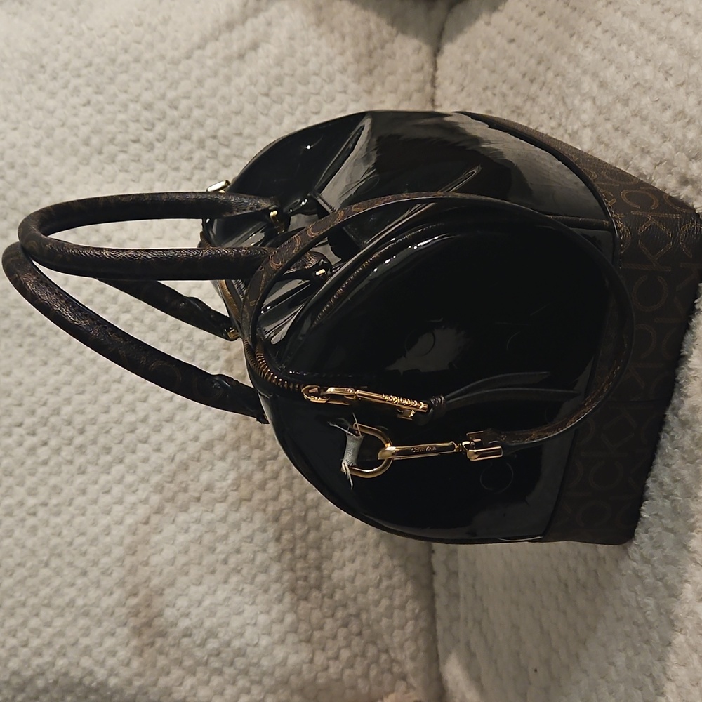 Calvin Klein Glossy Patent Leather Brand Monogram Brown Sachel - Picture 6 of 16